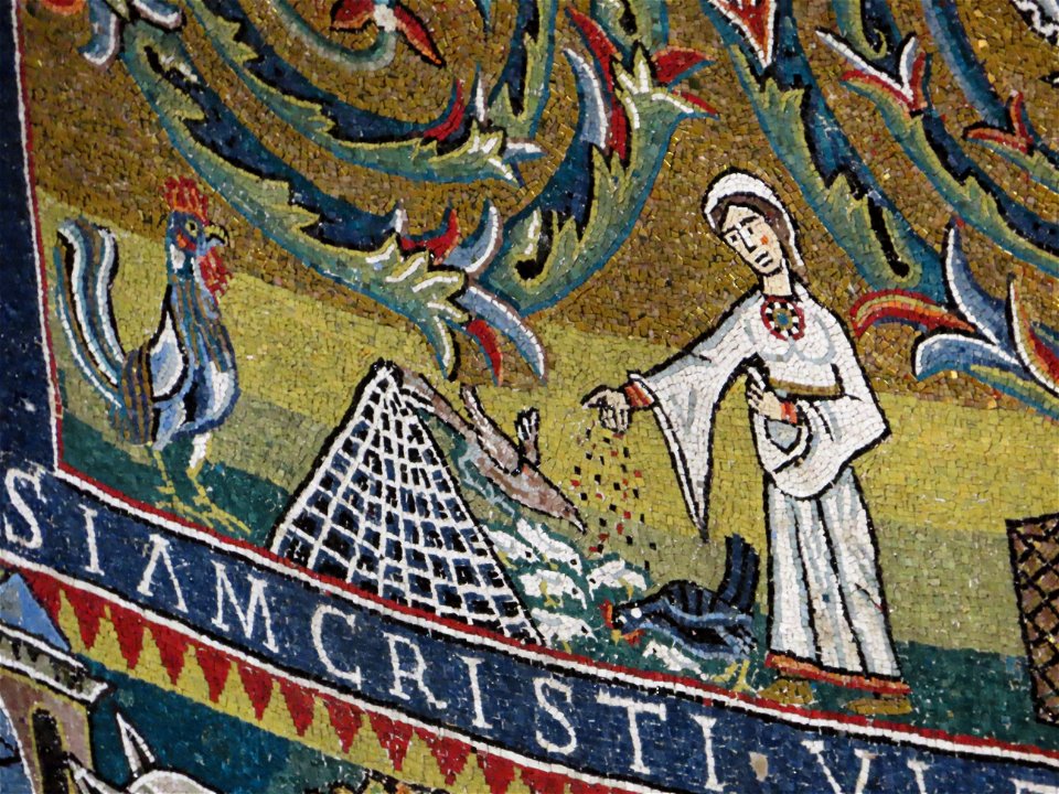 Feeding chickens in the Mosaics Basilica of St Clement Rome Italy