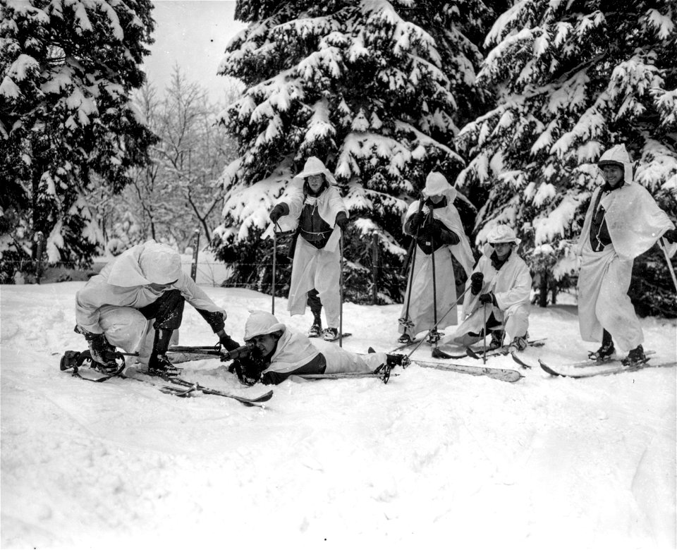 SC 199088-S - Wearing Quartermaster-issued snow capes, American soldiers go into training as ski troops.