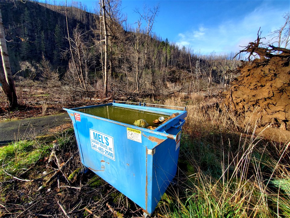 Dumpster at Lazy Bend Campground after Riverside Fire, Mt. Hood National Forest