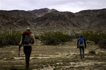 Researchers hiking in the Pinto Mountain area