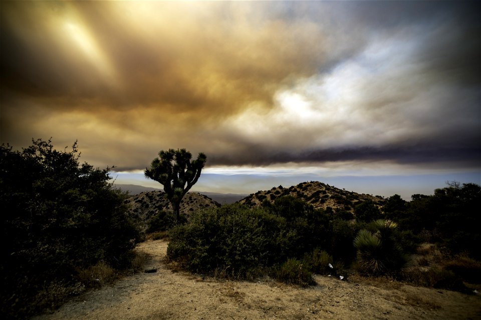 Smoke from the Apple Fire over desert hills