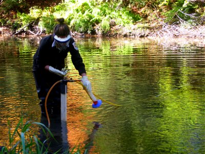 Biological Science Technician Cassie Abrams from the Marquette Biological Station ensures an accurate lampricide application rate during a treatment of the Manistique River photo