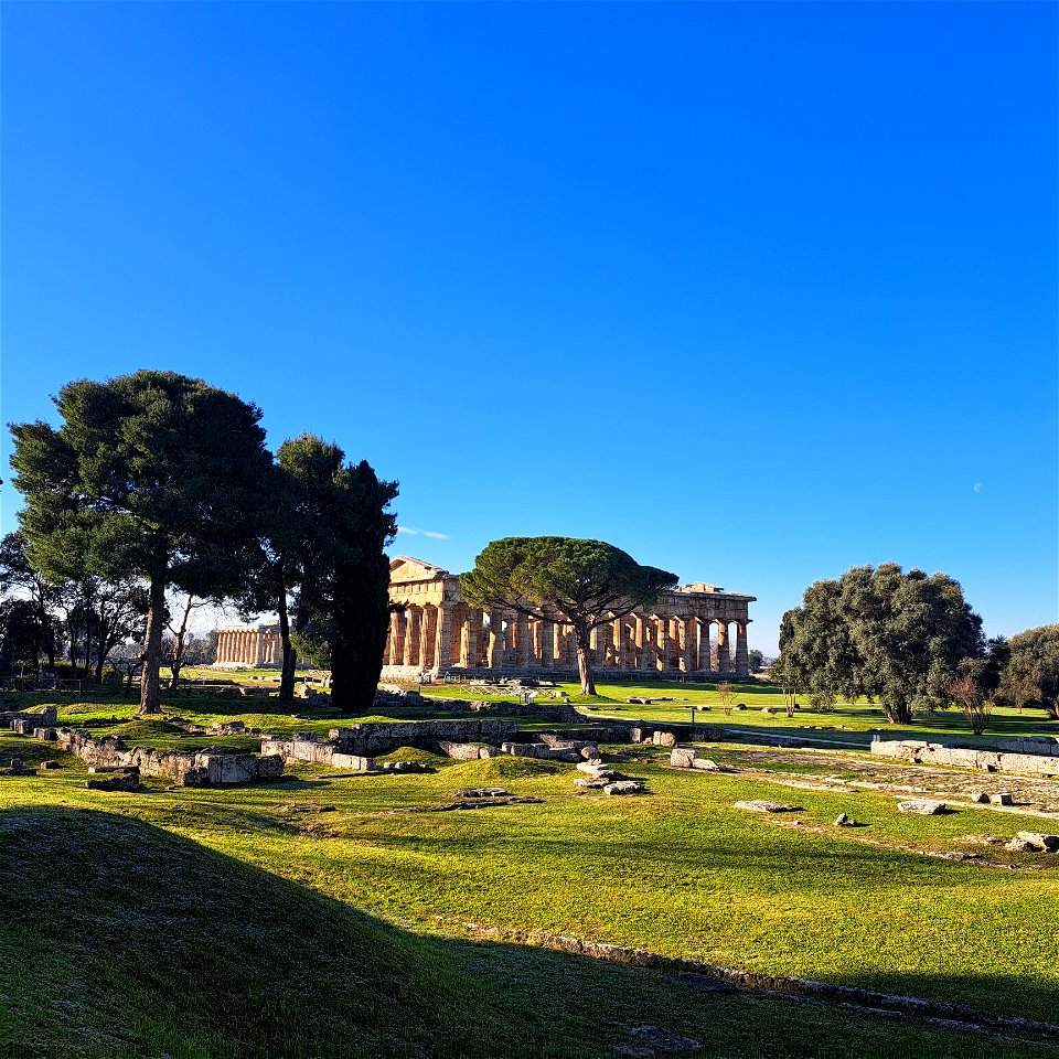 Archaic Temple from afar Paestum Itlay