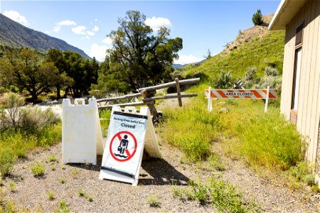 Yellowstone flood event 2022: Boiling River closure signs at trailhead photo