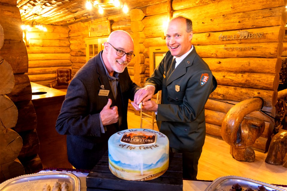 Yellowstone National Park Lodges 150 Years of Inspiration Event: Rick Hoeninghausen, Xanterra Director, Sales and Marketing, and Mike Tranel, Yellowstone Deputy Superintendent, cutting the cake