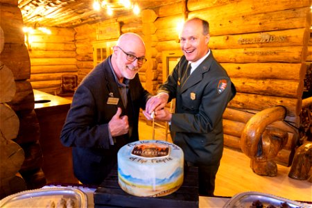 Yellowstone National Park Lodges 150 Years of Inspiration Event: Rick Hoeninghausen, Xanterra Director, Sales and Marketing, and Mike Tranel, Yellowstone Deputy Superintendent, cutting the cake photo