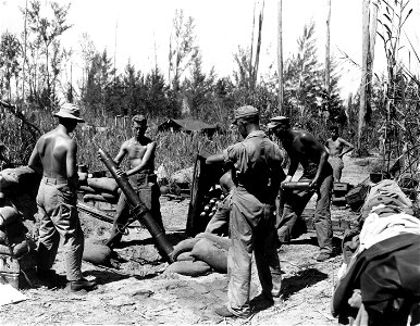 SC 364571 - Mortar crew firing at Jap positions on Bougainville during the April assault by the Japanese. photo