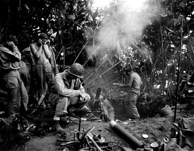 SC 364608 - Heavy 81mm mortar firing into Jap positions across the Tsinamutu River, near Kuraio Mission, Bougainville. 24 February, 1944. photo