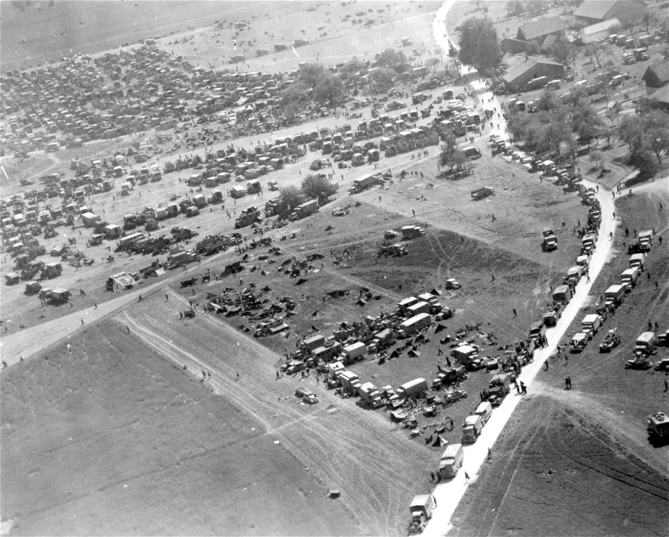 SC 337124 - Aerial view of vehicles of the 6th German Army as they arrived to surrender to the 80th Infantry Division, 3rd U.S. Army, near Braunau, Austria. 12 May, 1945.