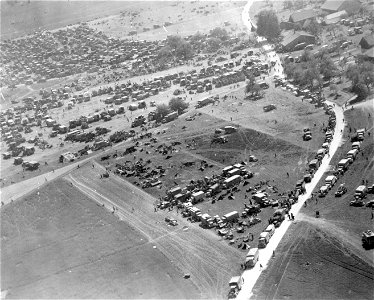 SC 337124 - Aerial view of vehicles of the 6th German Army as they arrived to surrender to the 80th Infantry Division, 3rd U.S. Army, near Braunau, Austria. 12 May, 1945.
