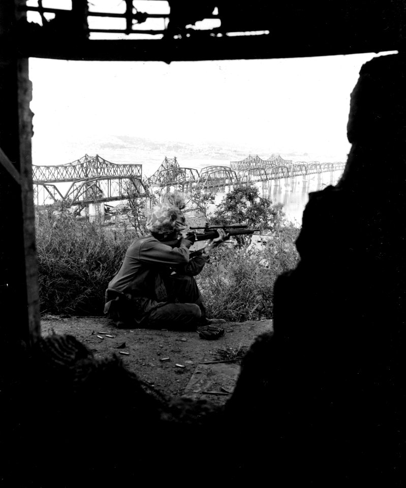 SC 348827 - Lt. Fred J. Tees, Canal Town, Pa., of Air Tactical Sq. One, 1st Marine Div., potshots at Red troops with an M1 sniper rifle.