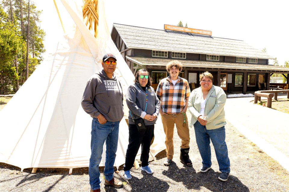 Yellowstone Tribal Heritage Center opening day 2023:artists Mike Redman and Iva Moss-Redman, NPCA fellow Grey Johnson, and Yellowstone Tribal Heritage Center coordinator Alyssa McGeeley
