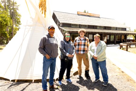 Yellowstone Tribal Heritage Center opening day 2023:artists Mike Redman and Iva Moss-Redman, NPCA fellow Grey Johnson, and Yellowstone Tribal Heritage Center coordinator Alyssa McGeeley photo