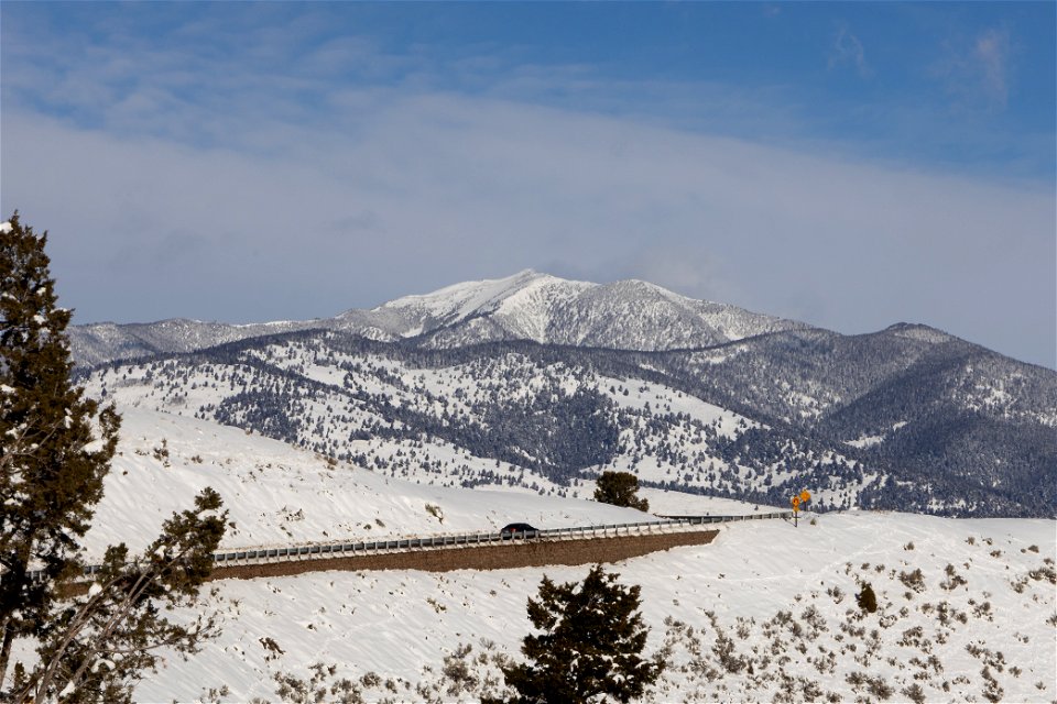 The Temporary North Entrance Road approach into Mammoth Hot Springs with Sheep Mountain in the background (3) photo