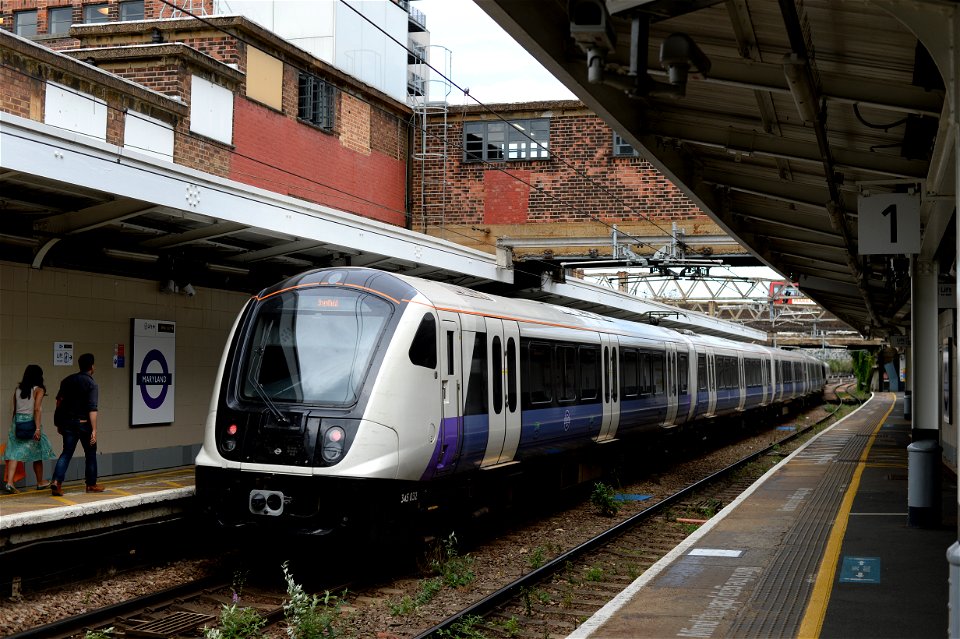 Elizabeth Line train at Maryland station heading for Shenfield