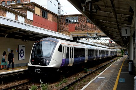 Elizabeth Line train at Maryland station heading for Shenfield