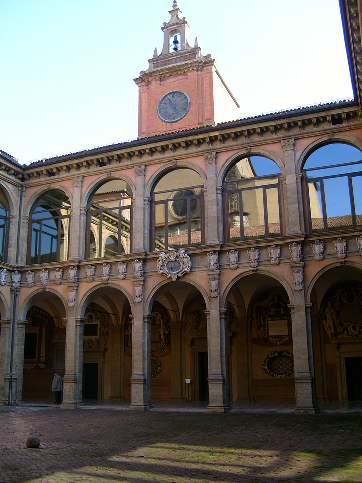 Courtyard of the 16th-century Archiginnasio in Bologna, Italy