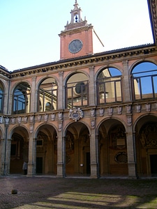 Courtyard of the 16th-century Archiginnasio in Bologna, Italy