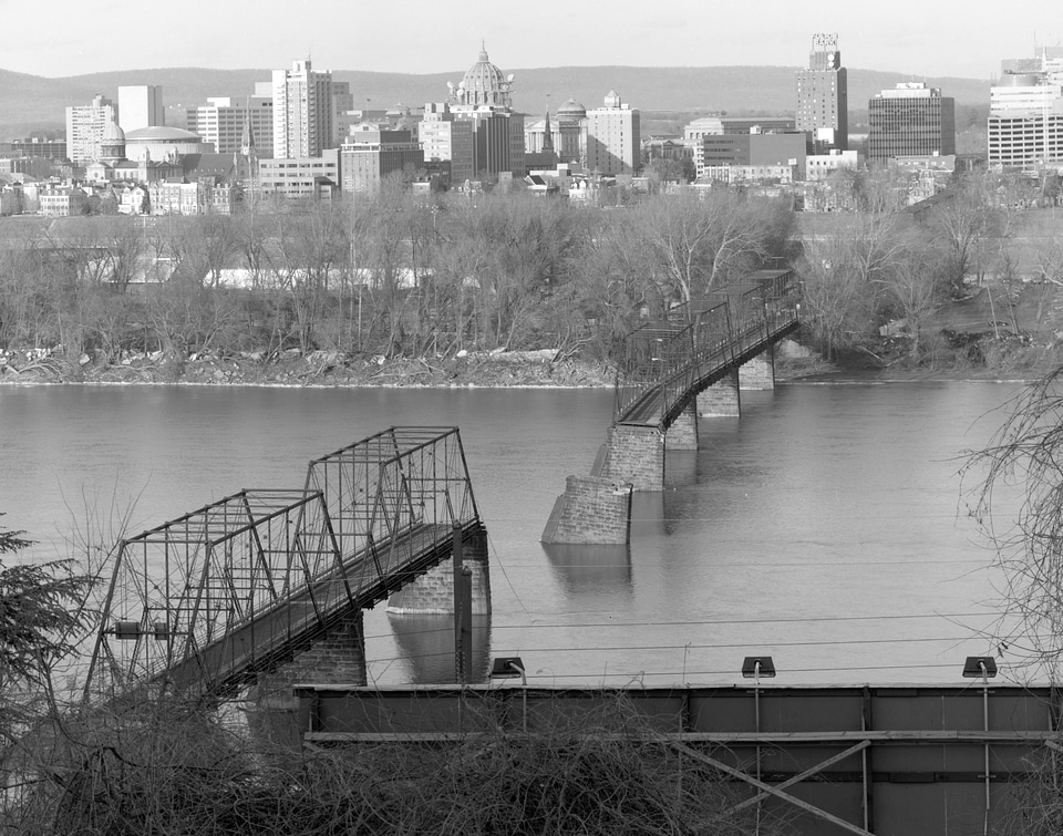 Collapsed Walnut Street Bridge after flood of 1996 in Harrisburg, Pennsylvania