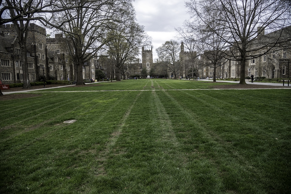 Lawn and Grass of the Duke Quad with the Chapel in the distance in Durham, North Carolina