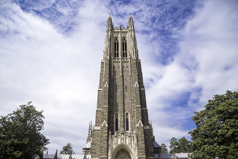 Tall Duke Chapel under the sky and clouds in Durham, North Carolina