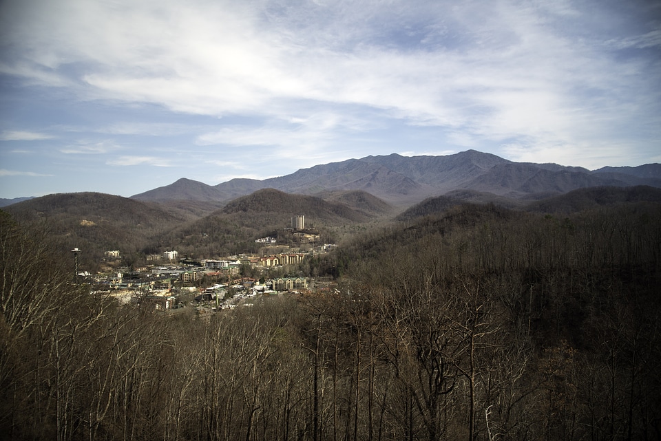 Mountains and the town of Gatlingburg in Tennessee
