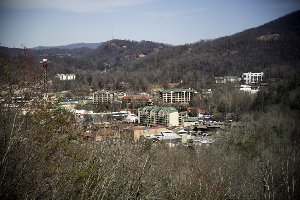 View of the Village of Gatlingburg, Tennessee in the mountains