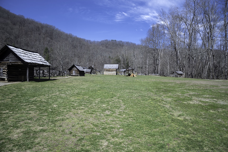 Log Cabin on grass lawn at Great Smoky Mountains National Park, North Carolina