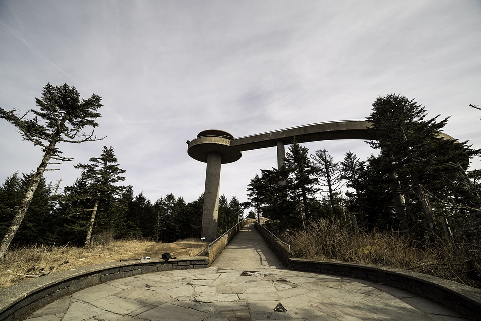 View of Clingman's Dome under cloudy sky at Great Smoky Mountains National Park, Tennessee