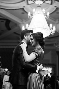 Black and White photo of couple at a ball on valentine's day photo