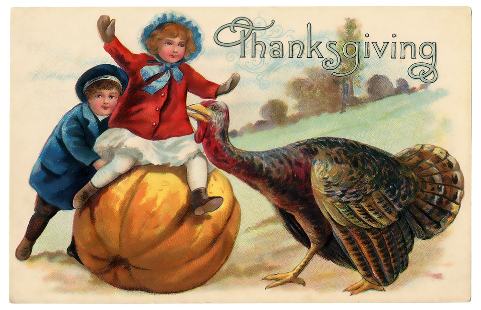 Thanksgiving Postcard with Pumpkin and Turkey with boy on top