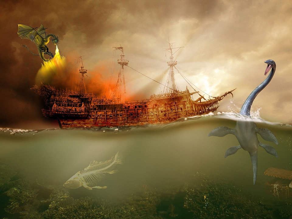 Two Dragons and Monsters attacking a boat photo