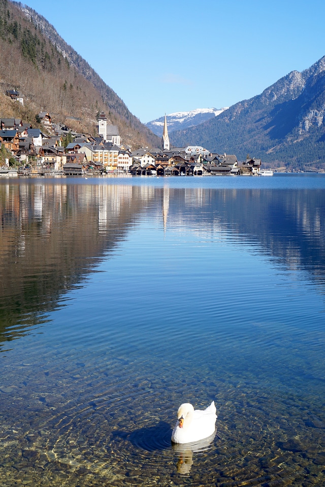 Lake and Mountain landscape with a town on the other side in Hallstatt, Austria