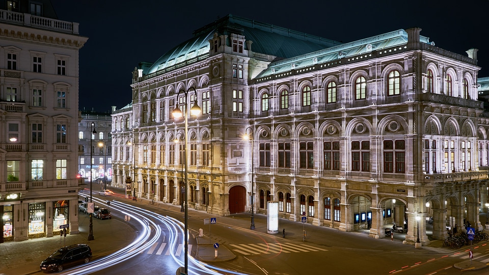 Lights, streets, and buildings in Vienna, Austria photo