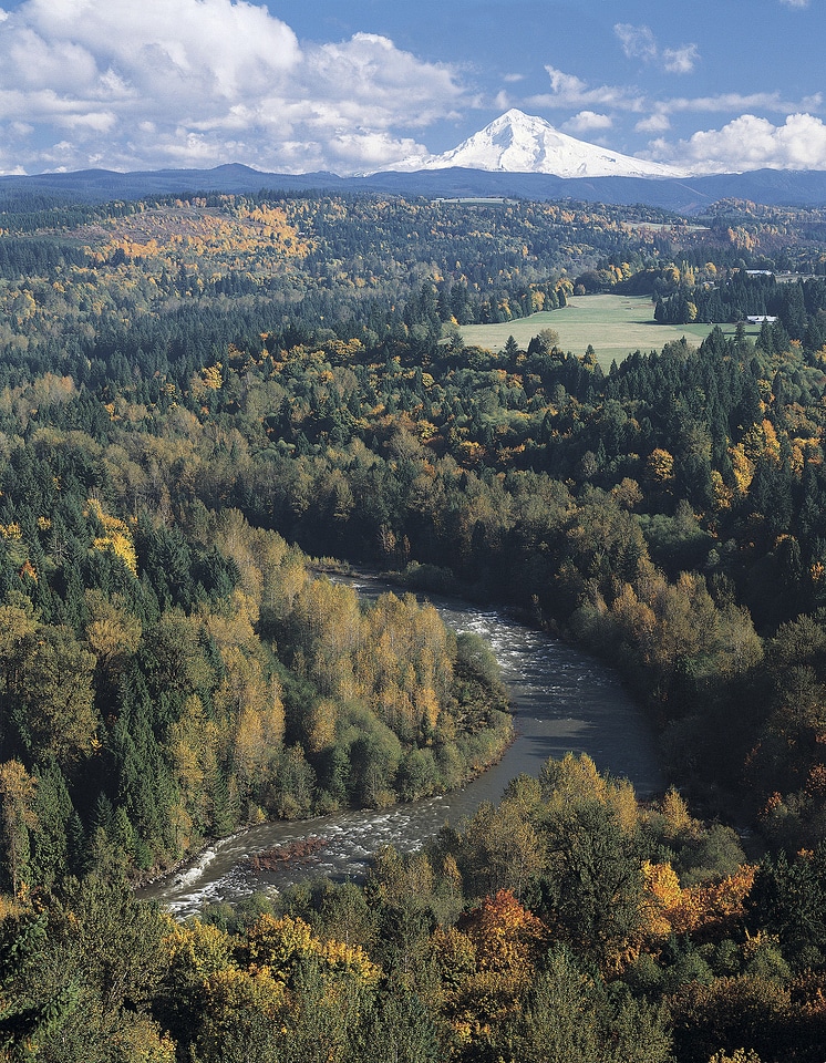 Mt Hood and Sandy River landscape in Oregon