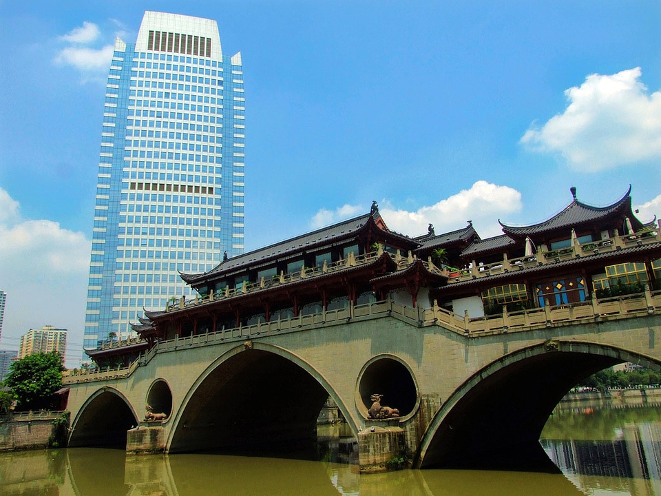 Anshunlang bridge and a Hotel in Chengdu, China