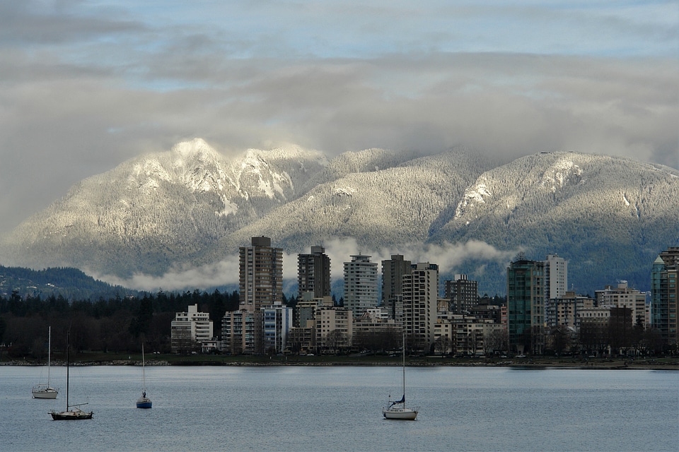 Mountains in the landscape behind the skyline of Vancouver, Canada