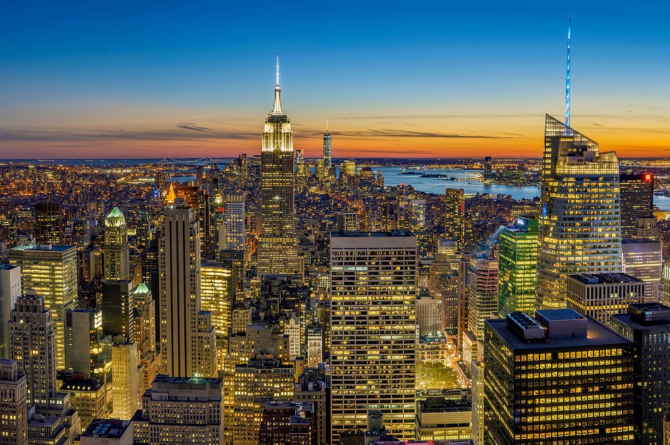 New York Cityscape with lighted up Skyscrapers 