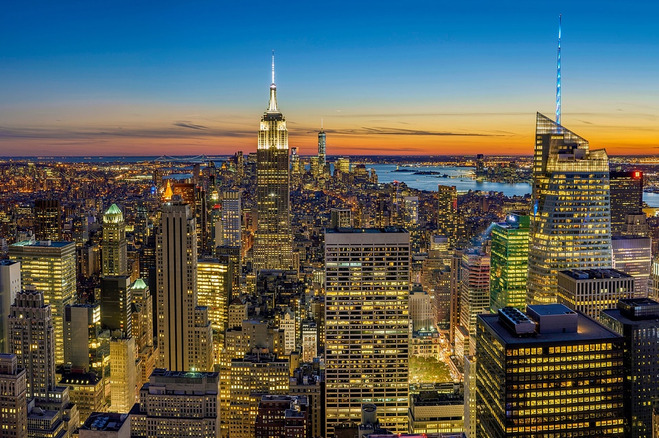 New York Cityscape with lighted up Skyscrapers photo