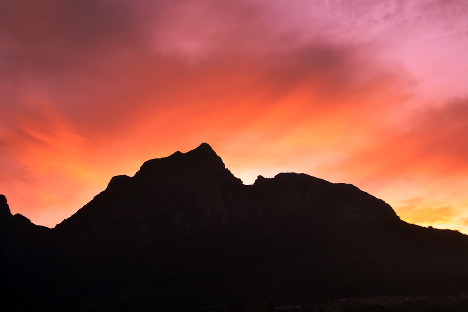 Dusk and sky behind the mountains in Cape Town, South Africa