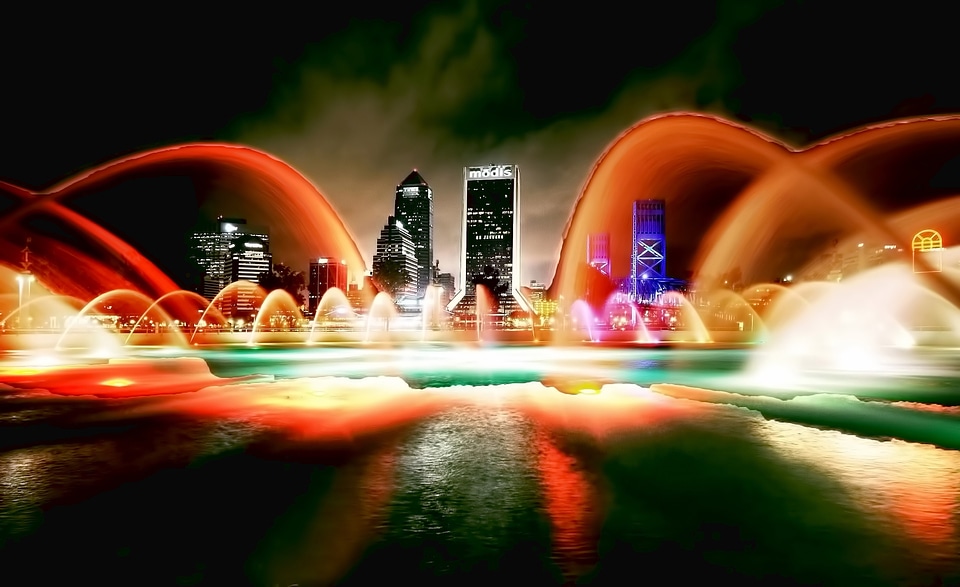 Lighted Water with skyline at night in Jacksonville, Florida