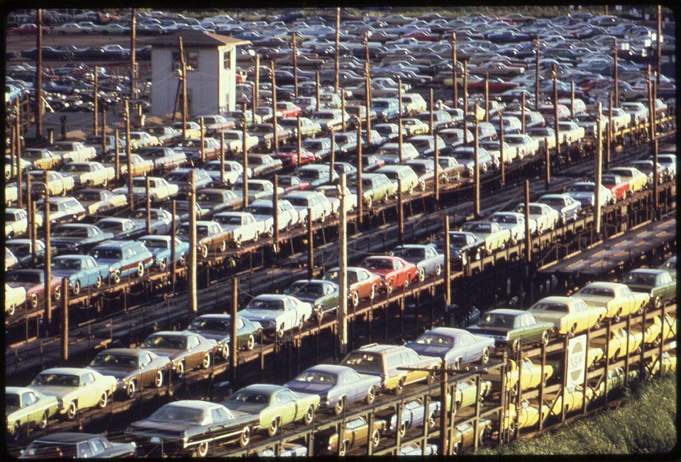 New cars built in Detroit loaded for rail transport, 1973 in Michigan