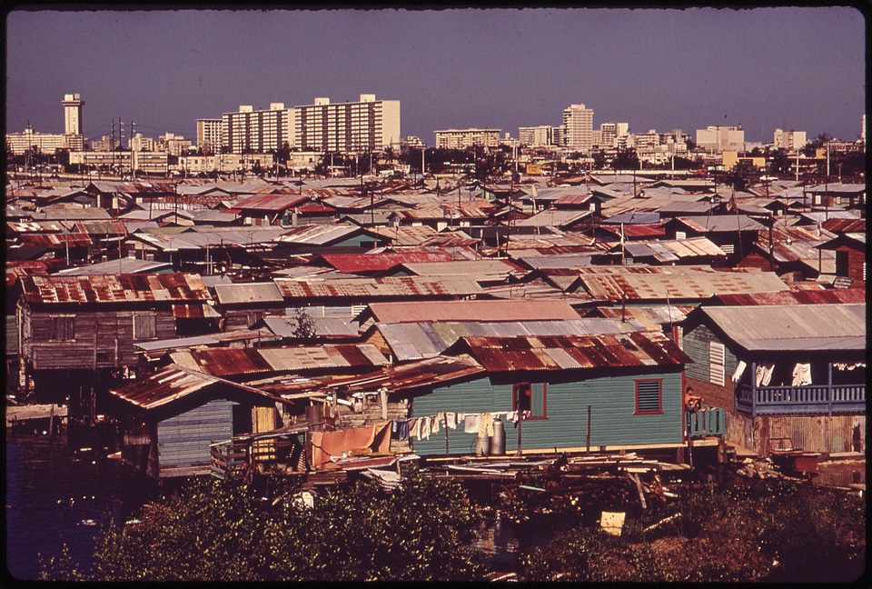 Shanty town along the Martín Peña Canal, 1973 in San Juan, Puerto Rico