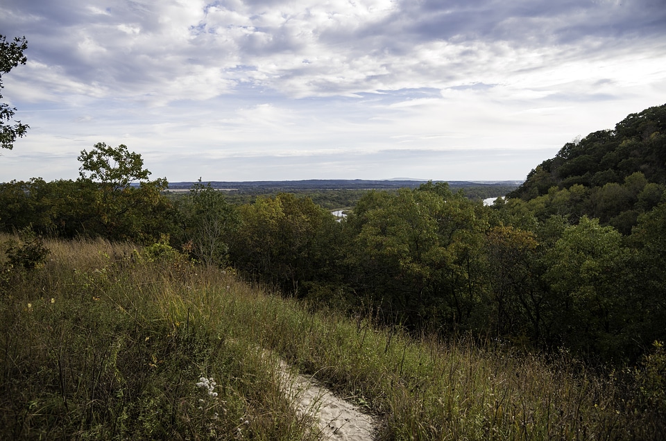 Trail and Landscape under the sky and clouds at Ferry Bluff, Wisconsin