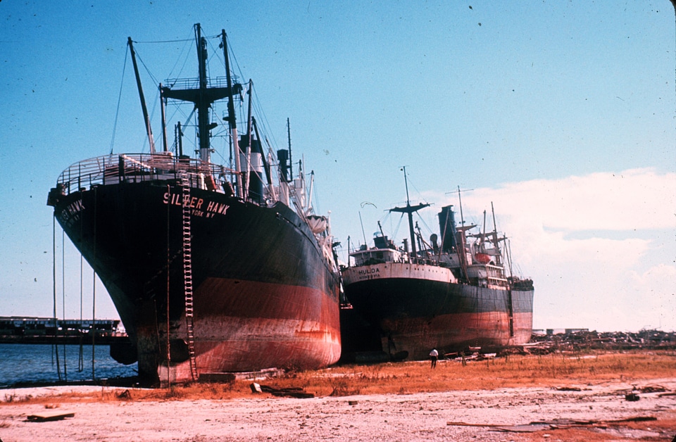Damage to Big ships after Hurricane Camille in Mississippi