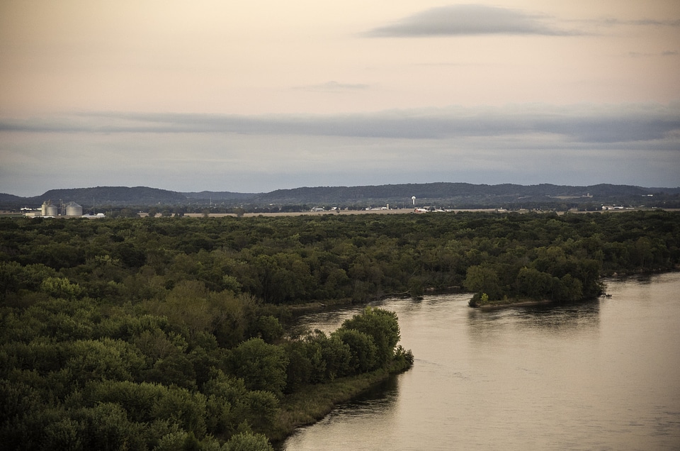 River, Trees, and Sauk City in the Distance in Wisconsin