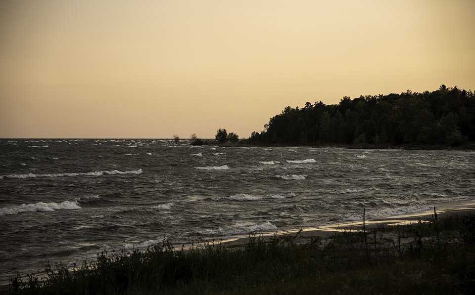 Lake Michigan under Red Dusk Skies at J.W. Wells State Park, Michigan
