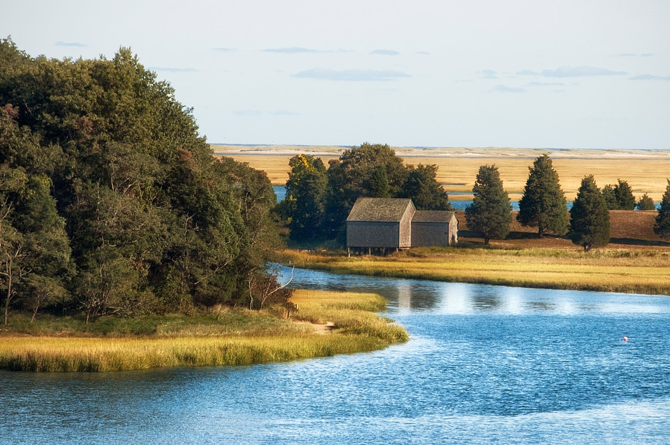 River, landscape, and house at Cape Cod, Massachusetts