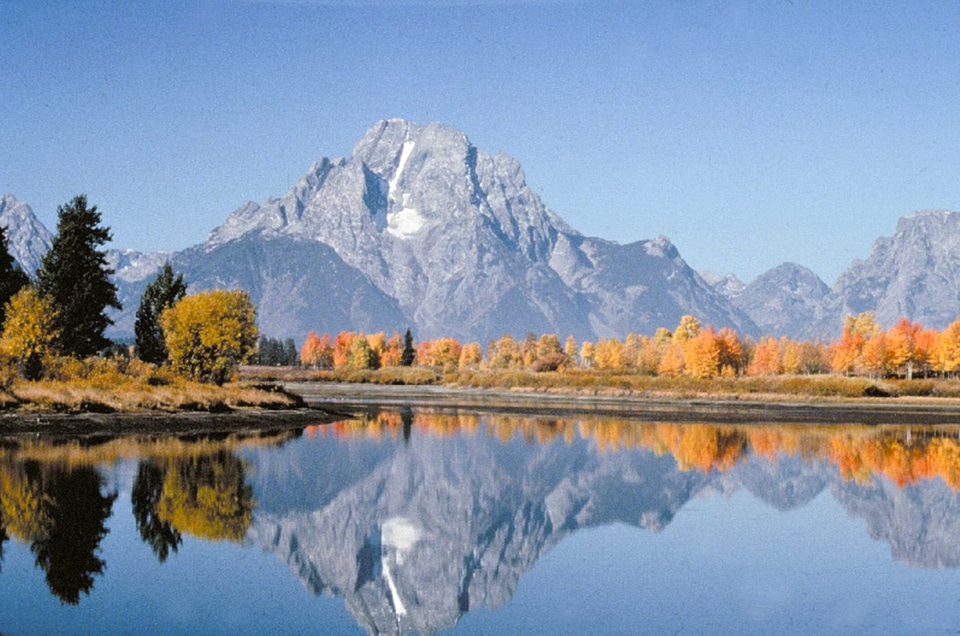 Mount Moran and Lake reflection landscape in Grand Teton National Park, Wyoming