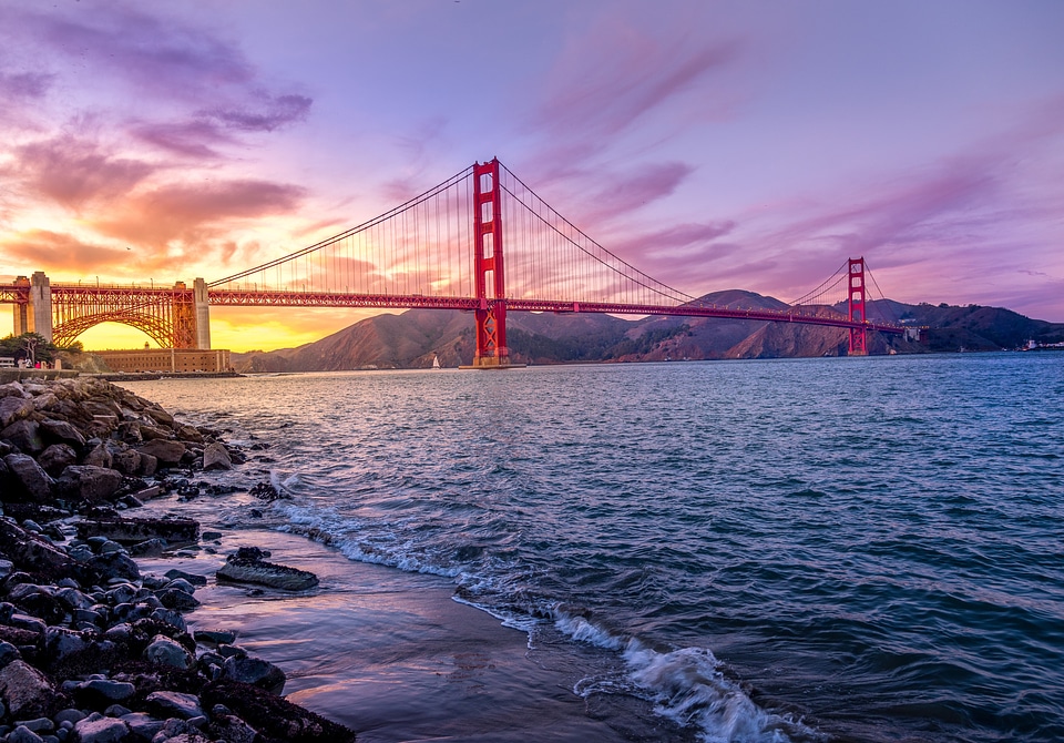 Dusk over the Golden Gate Bridge in San Francisco, California photo